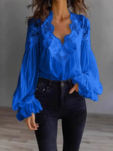 Damen Bluse Mit Langen Puffärmeln Und Spitze – Elegantes Vintage Oberteil in Blau