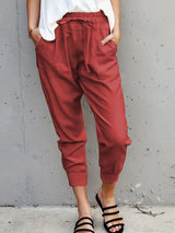 Damen nan lässige tapered Leinenhose mit elastischem Bund und Bündchen Drune in Weinrot
