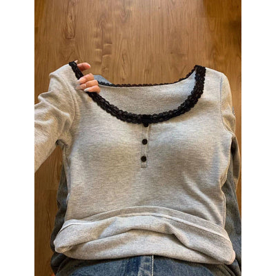 Femme Langarm-Spitzenbesetztes Ripp-Top Heidi-Mode