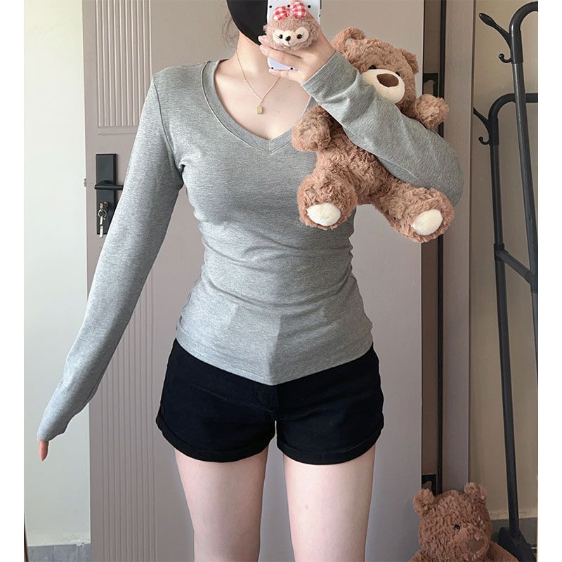 Damen Langarm V-Ausschnitt Figurumspielendes Top Heidi-Mode