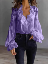 Damen Bluse Mit Langen Puffärmeln Und Spitze – Elegantes Vintage Oberteil in Lila
