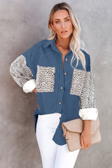 Damen nan oversized Hemdbluse mit Strukturstoff, Kontrastärmeln im Leo-Print und aufgesetzten Taschen Drune in Marineblau