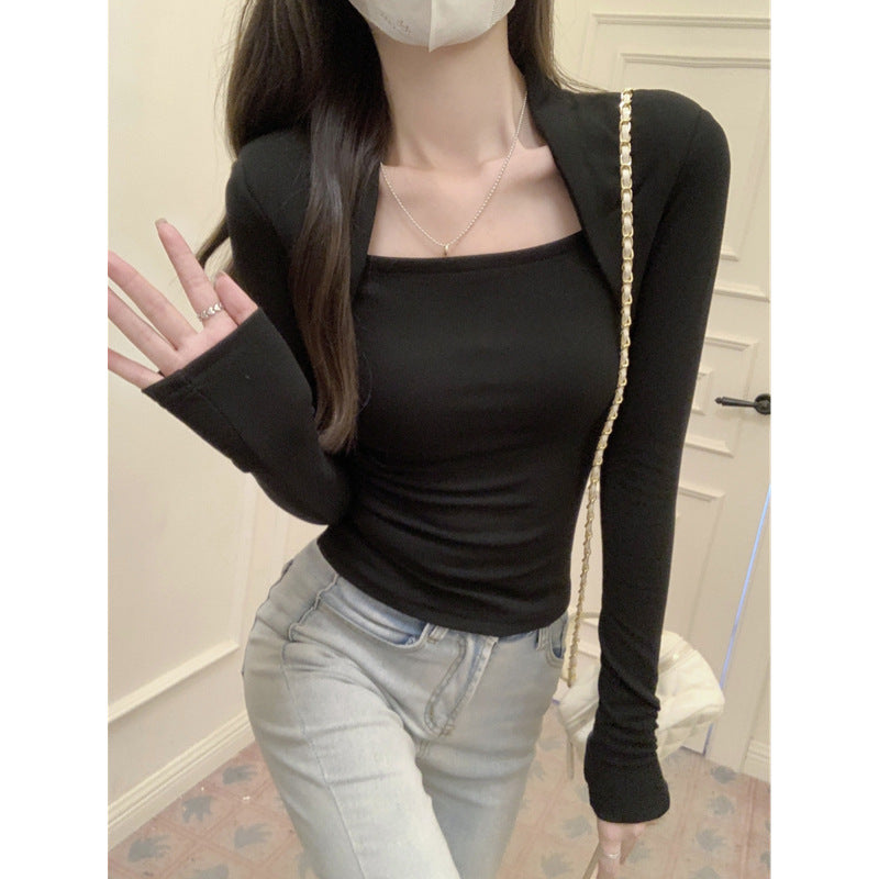 Damen Langarm-Top mit Quadrat-Ausschnitt und Daumenloch-Detail Heidi-Mode