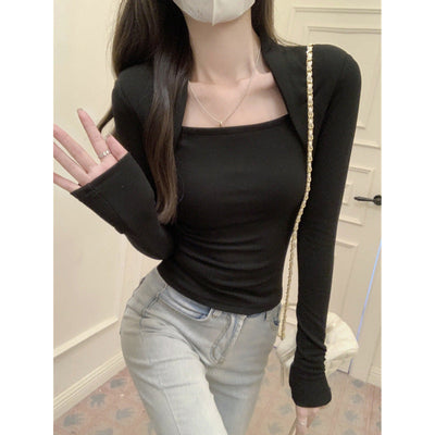 Damen Langarm-Top mit Quadrat-Ausschnitt und Daumenloch-Detail Heidi-Mode