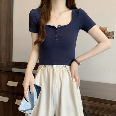 Femme Kurzarm-Henley-T-Shirt mit Knopfdetails Heidi-Mode