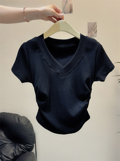 Femme Kurzarm Raffung V-Ausschnitt Oberteil Heidi-Mode