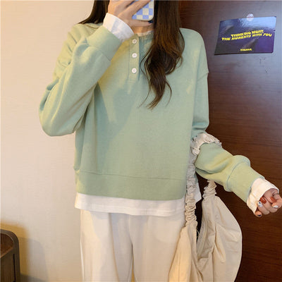 Femme Geschichteter Henley-Stil Pullover Sweatshirt Heidi-Mode