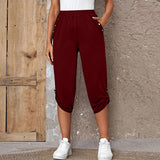 Damen nan lässige dreiviertellange Hose mit elastischem Bund, Eingrifftaschen und krempelbarem Saum Drune in Weinrot