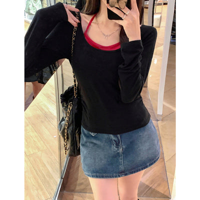 Damen Langarm-Layered-Top mit stilvollem Ausschnitt-Detail Heidi-Mode