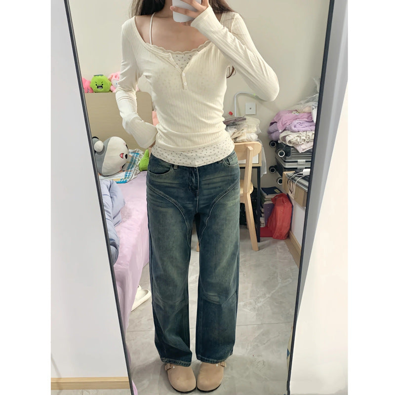 Damen Langarm Ripp-Henley-Oberteil mit Knopfdetail Heidi-Mode