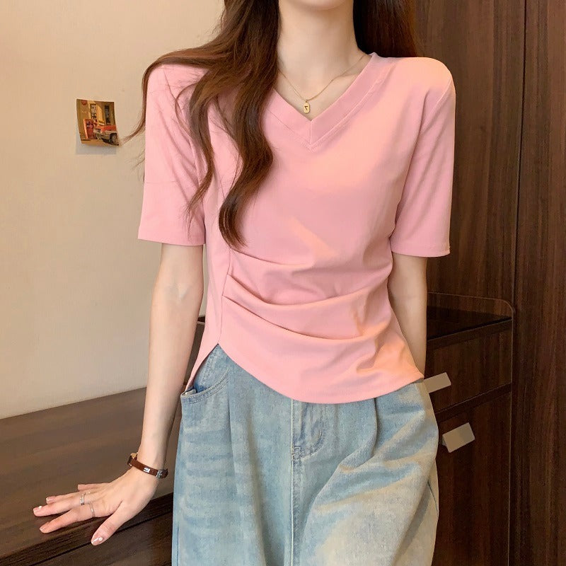 Femme Entspanntes Passform Seitlich-Gerafftes V-Ausschnitt Oberteil Heidi-Mode