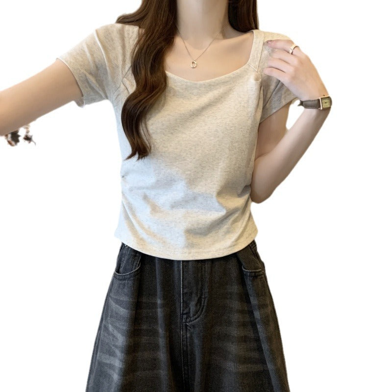 Damen Kurzarm V-Ausschnitt Tailliertes T-Shirt mit Texturiertem Stoff Heidi-Mode