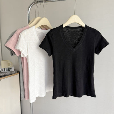 Femme Soft V-Ausschnitt Kurzarm T-Shirt Heidi-Mode