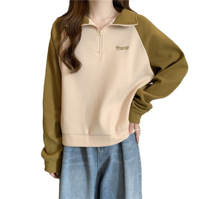 Damen Quarter-Zip Casual Sweatshirt mit kontrastierenden Ärmeln Heidi-Mode