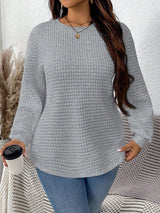Damen nan Waffelstrick Longsleeve mit Rundhalsausschnitt, leicht A-Linien-Schnitt und gerippten Bündchen Drune in Silbergrau