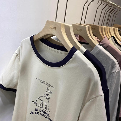 Femme Grafik Kurzarm-T-Shirt mit verspielter Hundillustration Heidi-Mode