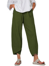 Damen nan lockere Leinenhose mit hohem Bund, Tulpen-Saum und seitlichen Eingrifftaschen Drune in Olivgrün