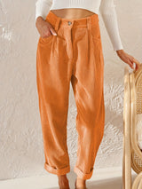 Damen nan weiche weite Cordhose mit hoher Taille, Bundfalten und umgeschlagenem Saum Drune in Orange