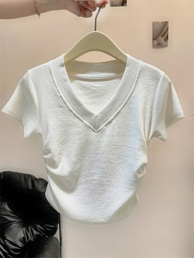 Femme Kurzarm Raffung V-Ausschnitt Oberteil Heidi-Mode