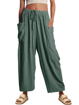 Damen nan weite Palazzohose aus leichtem Leinenmix mit Tunnelzug und seitlicher Tasche Drune in Grün
