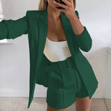 Damen nan tailliertes Longblazer-Shorts Set mit betonter Schulterpartie, hoher Taille und breitem Gürtel Drune in Dunkelgrün