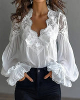 Damen Bluse Mit Langen Puffärmeln Und Spitze – Elegantes Vintage Oberteil in Weiß