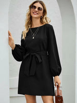 Damen nan elegantes Etuikleid mit Ballonärmeln und Taillengürtel Drune in Schwarz