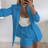 Damen nan tailliertes Longblazer-Shorts Set mit betonter Schulterpartie, hoher Taille und breitem Gürtel Drune in Blau