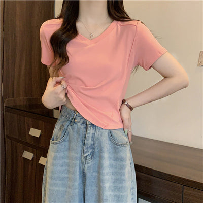 Femme Kurzarm V-Ausschnitt Basic T-Shirt Heidi-Mode