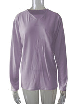 Damen nan legeres Langarmshirt mit V-Notch-Ausschnitt, Brusttasche und lockerer Oversize-Passform Drune in Ohne Taschen – Hellviolett Langarm