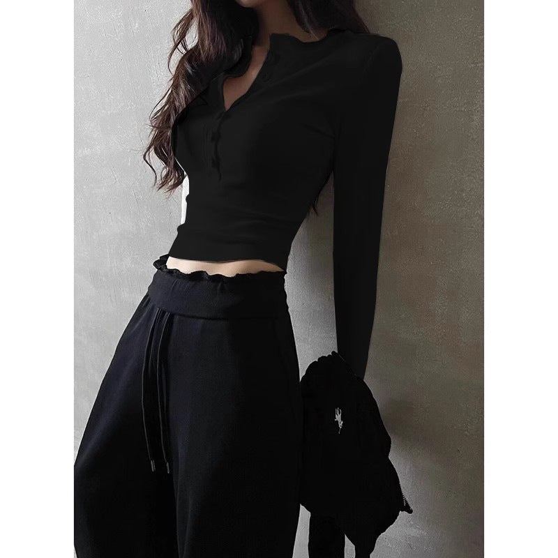 Damen Langarm Button-Up Henley Top mit Daumenlöchern und Hochbund-Sweatpants Heidi-Mode