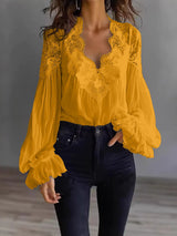 Damen Bluse Mit Langen Puffärmeln Und Spitze – Elegantes Vintage Oberteil in Gelb
