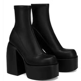 Damen nan Plateau-Stiefelette mit hohem Blockabsatz, nahtlosem Stretchschaft und robuster Laufsohle Drune in Schwarz