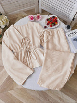 Damen nan gestreiftes Leinenähnliches Homewear-Set mit gerafftem Tunnelzugoberteil und elastischer Bundhose Drune in Khaki