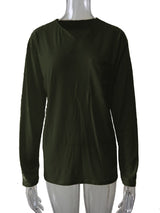 Damen nan legeres Langarmshirt mit V-Notch-Ausschnitt, Brusttasche und lockerer Oversize-Passform Drune in Mit Tasche - Olivgrün - Langarm