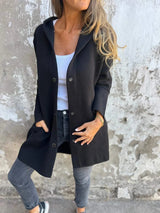 Damen nan Kapuzenmantel mittellanger Baumwollmix mit Druckknopfleiste und Eingrifftaschen Drune in Schwarz