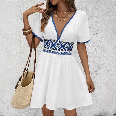 Rihayda - V-Hals Spitz Weiße Kleid