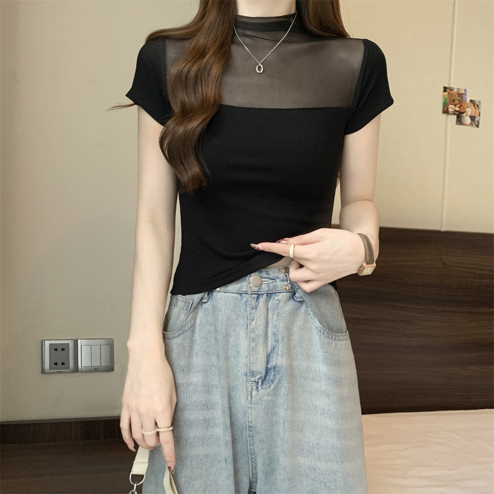 Femme Transparente Einsätze Kurzarm Oberteil Heidi-Mode