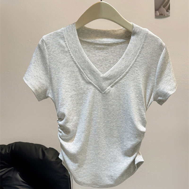 Femme Kurzarm Raffung V-Ausschnitt Oberteil Heidi-Mode