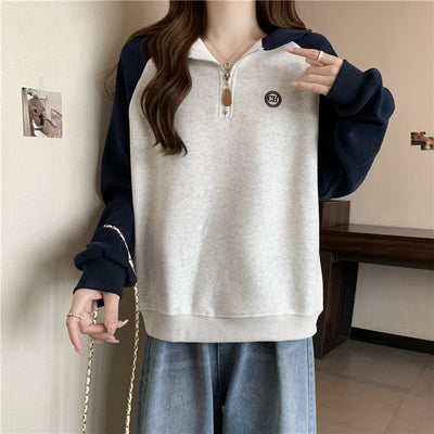 Femme Halber Reißverschluss Pullover Sweatshirt mit Farbkontrastärmeln Heidi-Mode