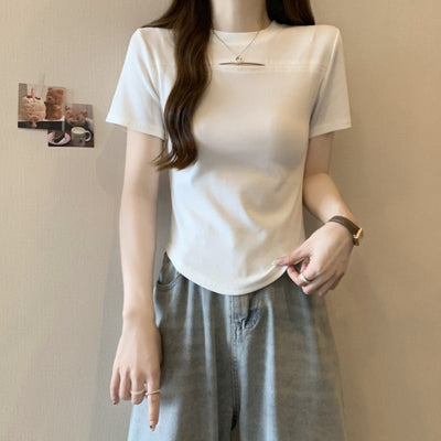 Femme Kurzarm-Ripp-T-Shirt mit stilvollem Ausschnitt-Detail Heidi-Mode