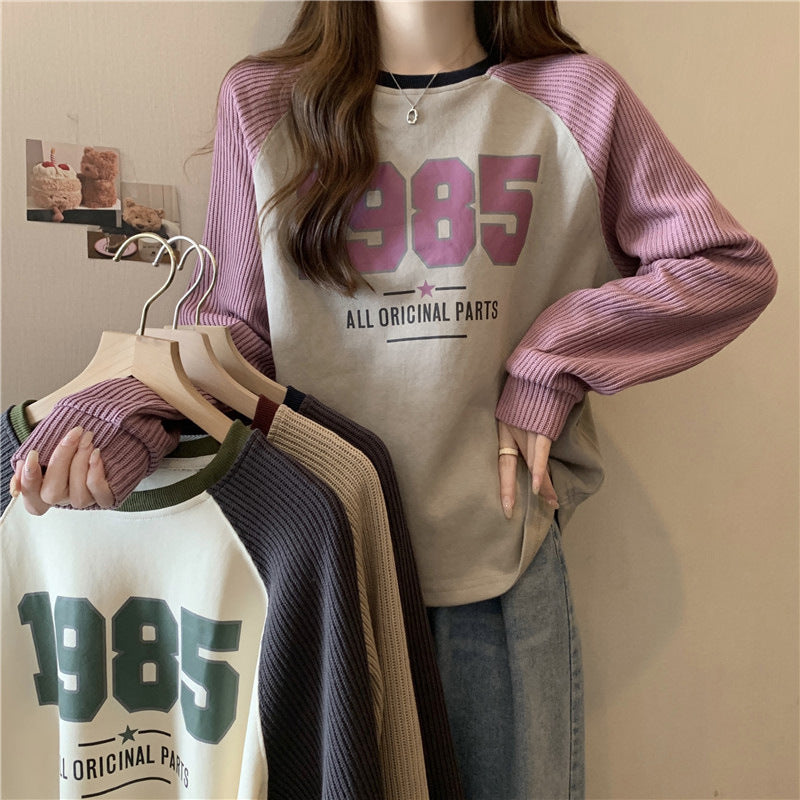 Femme Relaxed Fit Grafik Sweatshirt mit Kontrast-Rippärmeln Heidi-Mode