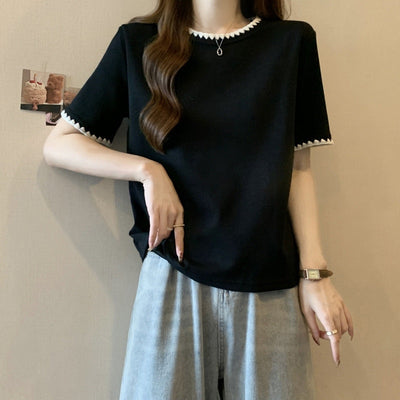 Femme Kurzarm-Top mit dekorativem Besatz Heidi-Mode