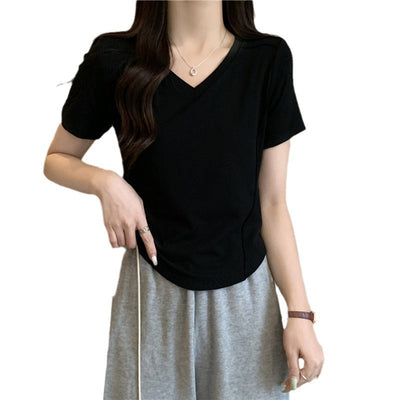 Femme Kurzarm V-Ausschnitt Basic T-Shirt Heidi-Mode