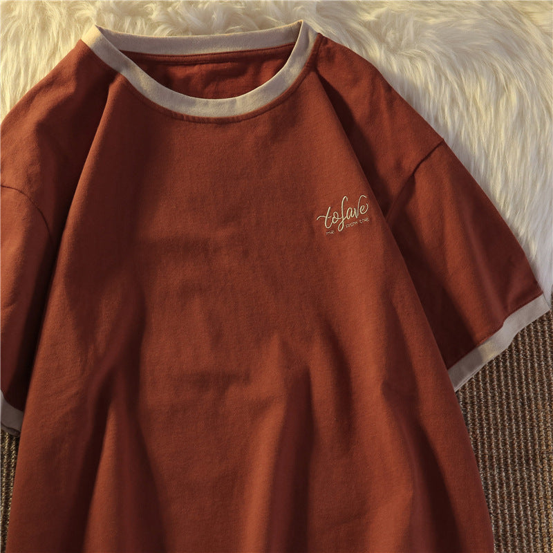 Damen Relaxed Fit Besticktes T-Shirt mit Kontrastbesatz Heidi-Mode