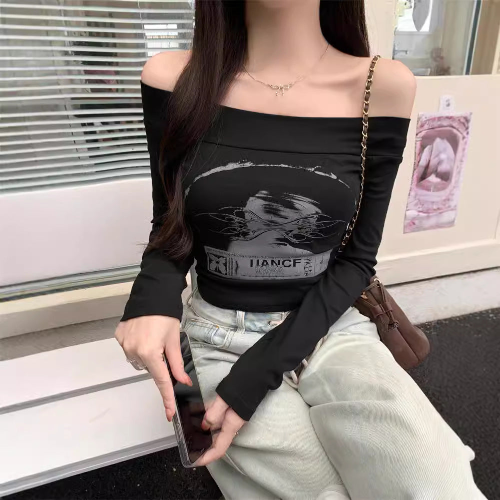 Frau Off-Shoulder Grafik Langarm Top mit Elegante Design Heidi-Mode