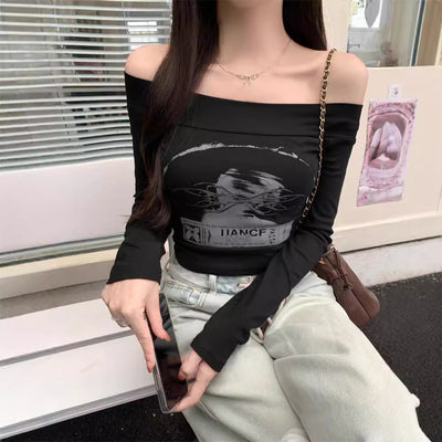 Frau Off-Shoulder Grafik Langarm Top mit Elegante Design Heidi-Mode