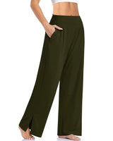Damen nan weite Yogahose mit hohem Komfortbund, seitlichen Eingrifftaschen und seitlichem Bein-Schlitz Drune in Olivgrün