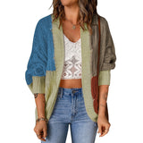 Damen nan lässige Strickjacke im Patchwork-Stil mit offener Front und 3/4-Ärmeln Drune in Blau
