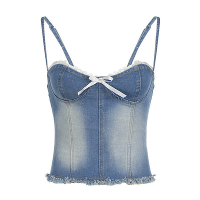 Adeline - Denimbluse mit Spitze und Rüschen